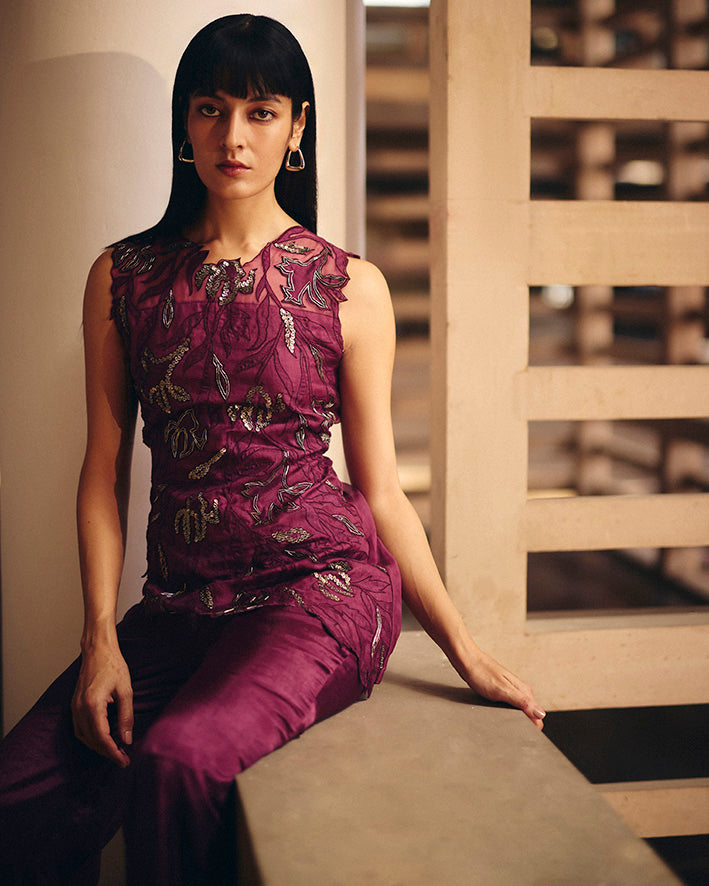 Burgundy Foliage Organza Cape With Burgundy Foliage Top and Boot Cut Pants