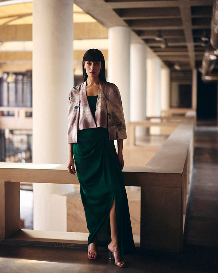 Copper Shimmer Terra Dash Crop Jacket With Skirt