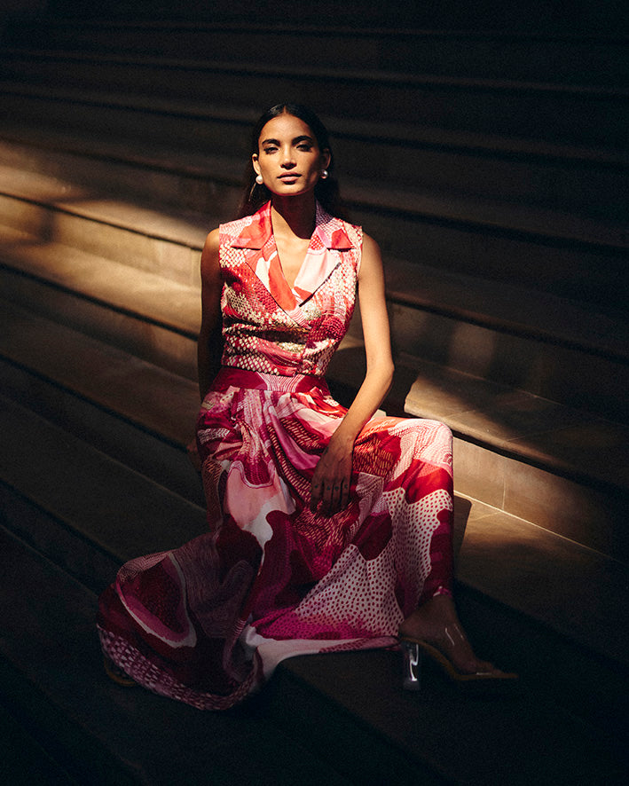 Pink Dreamwave Beaded Crop Jacket With Skirt