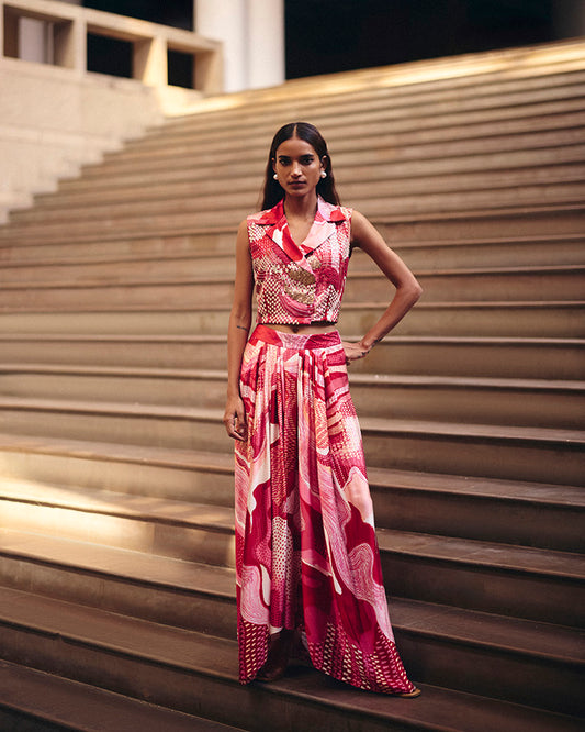 Pink Dreamwave Beaded Crop Jacket With Skirt