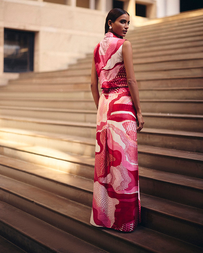 Pink Dreamwave Beaded Crop Jacket With Skirt