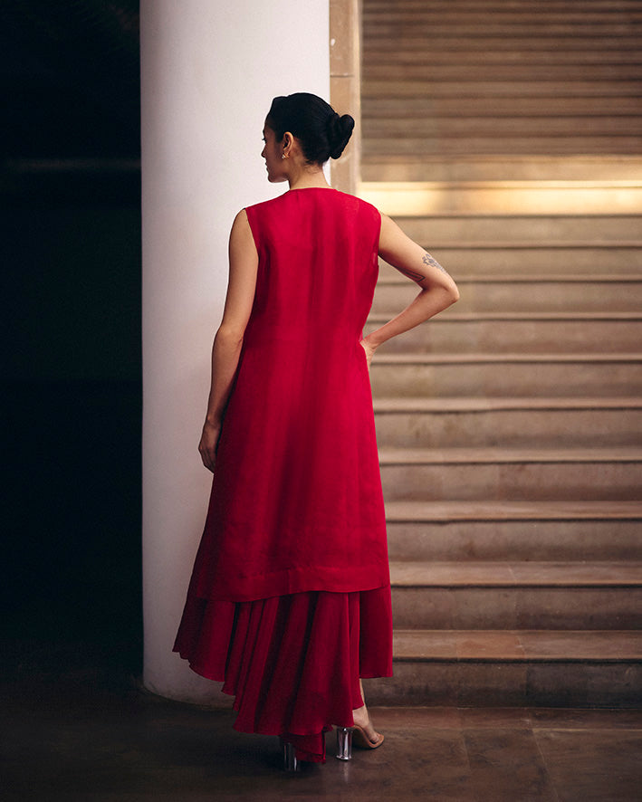 Red Magnolia Organza Jacket With Flare Pants Set