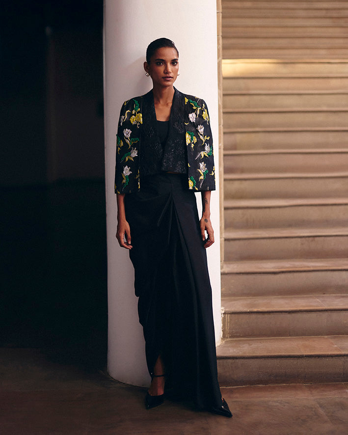 Black Jacquard Crop Jacket Set