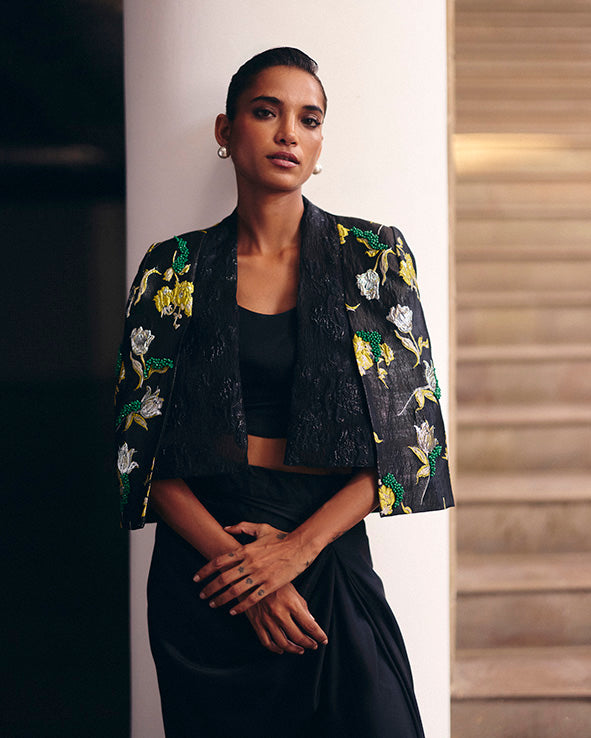 Black Jacquard Crop Jacket Set