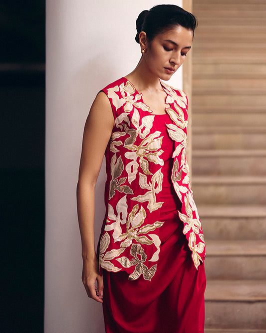 Red Magnolia Jacket With Slit Skirt