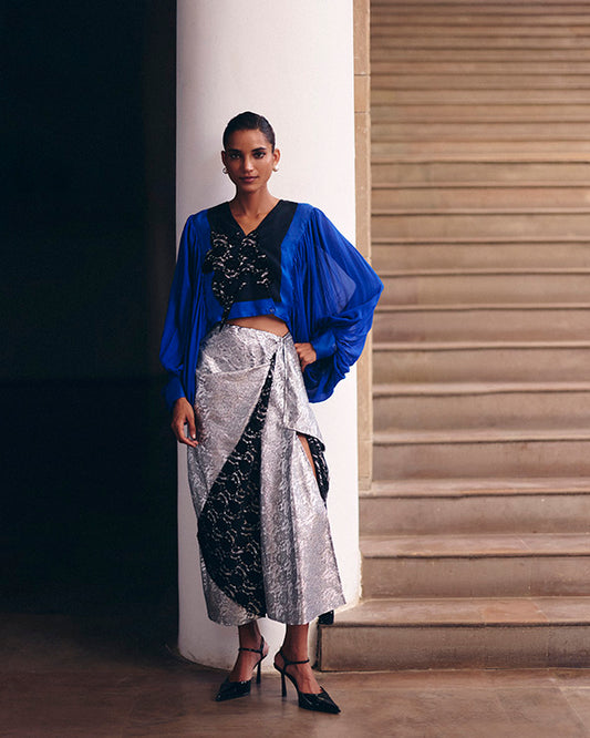 Electric Blue Color Block Crop Shirt With Sliver Drape Skirt