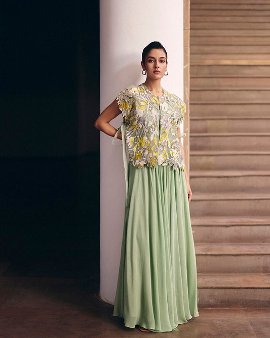 Soft Green Foliage Tie-up Cape With Pleated Skirt Set