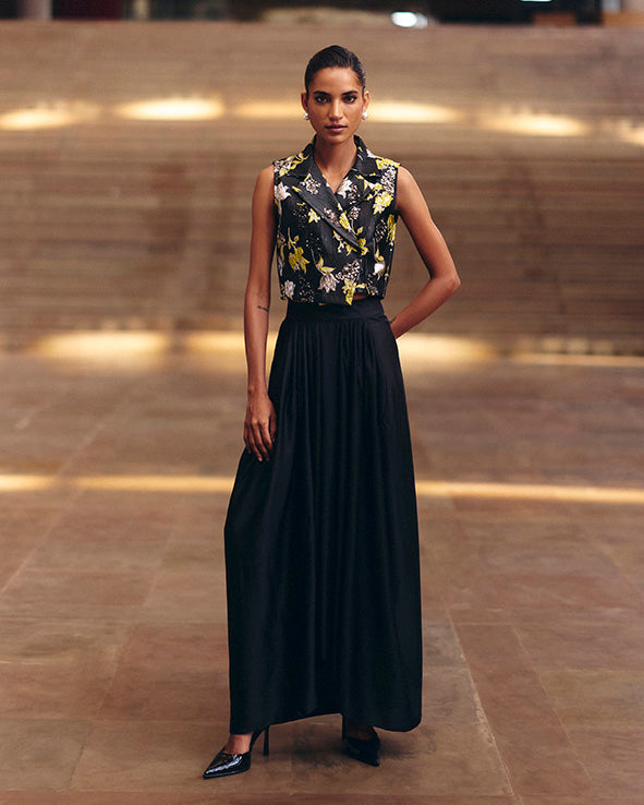 Black Beaded Jacquard Crop Jacket With Skirt