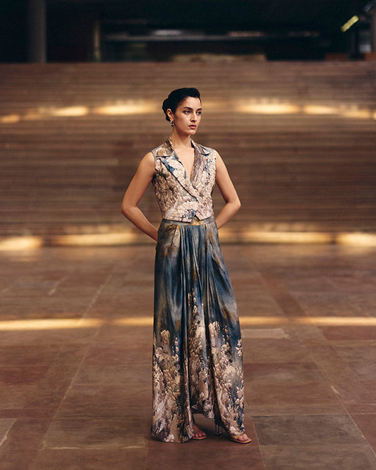 Ash Dusk Crop Jacket With Front Pleated Skirt