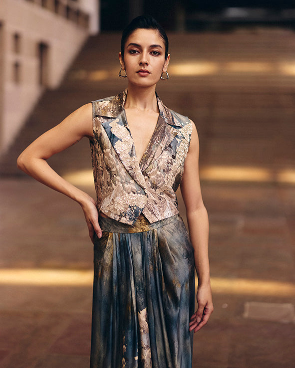 Ash Dusk Crop Jacket With Front Pleated Skirt