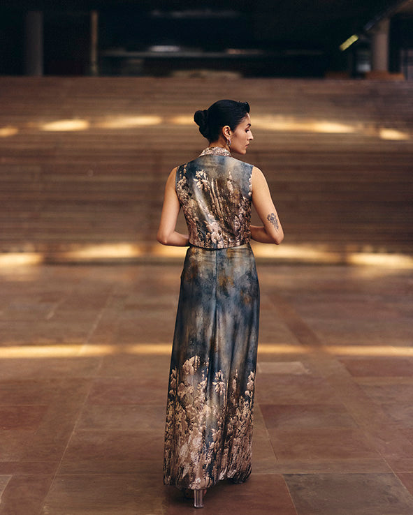 Ash Dusk Crop Jacket With Front Pleated Skirt