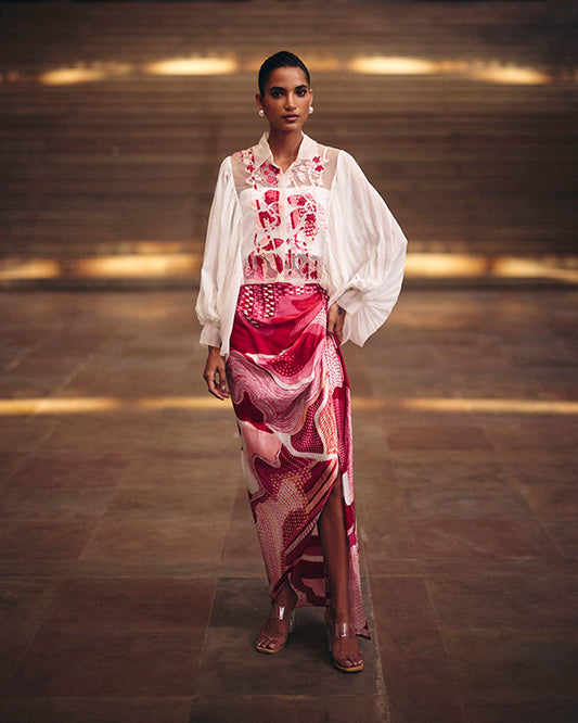 Pink Dreamwave Crop Shirt With Slit Skirt