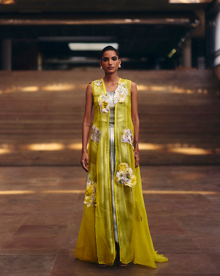 Yellow Jacquard Applique Organza Jacket With Mint Shimmer Skirt Set