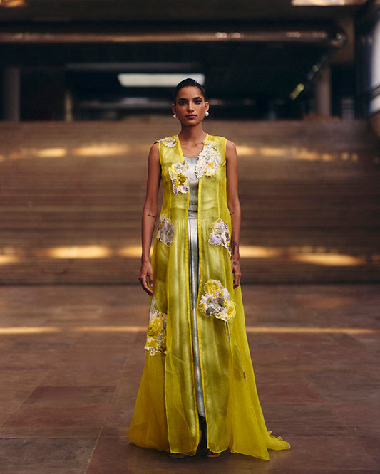 Yellow Jacquard Applique Organza Jacket With Mint Shimmer Skirt Set