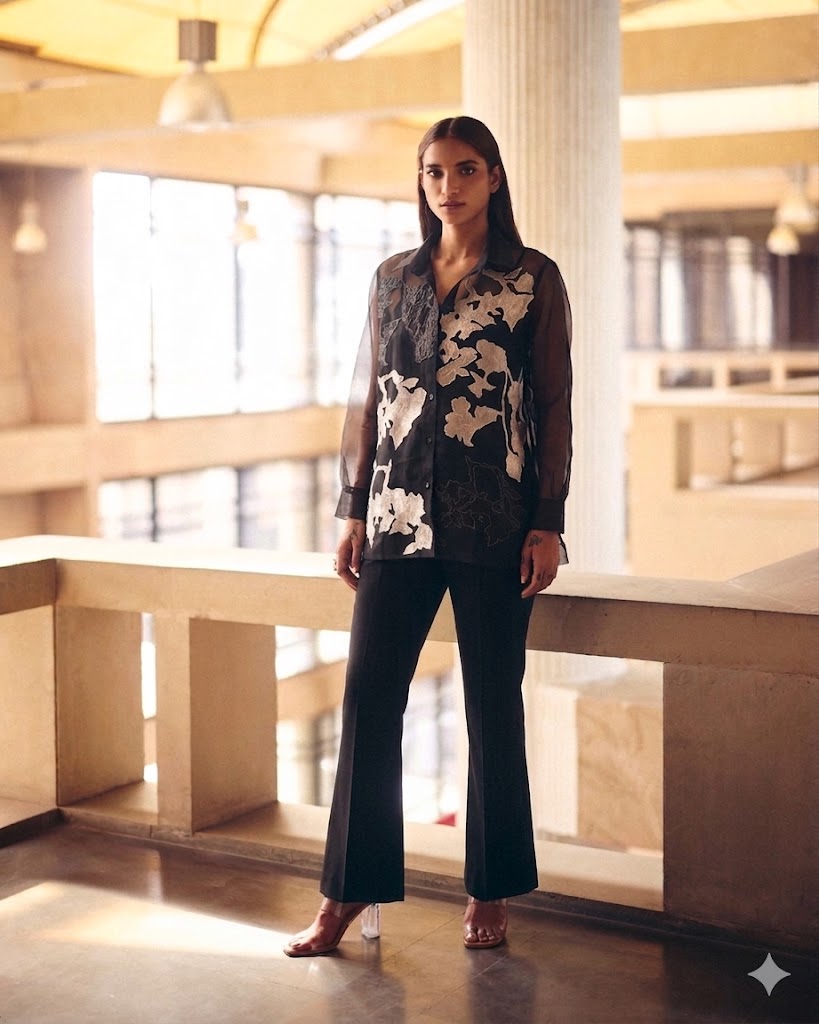 Black Abstract Shimmer Shirt Set