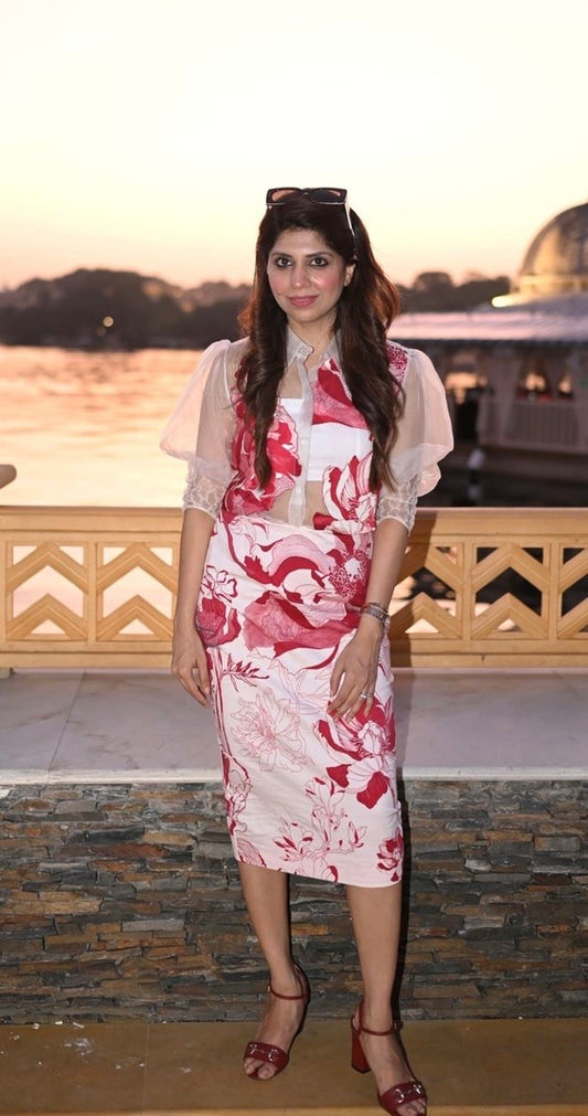 Red Bloom Applique Organza Shirt with Pencil Skirt Set.