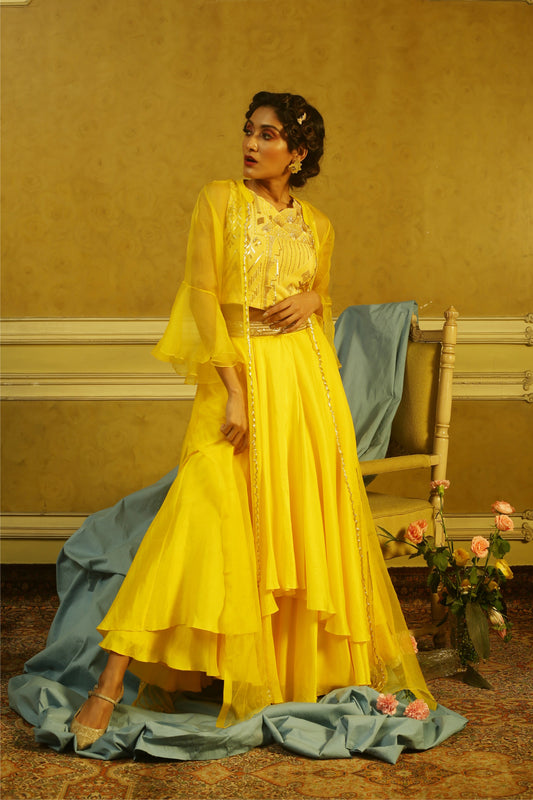 Yellow Beaded Top with Layered Skirt & Embroidered Organza Jacket.