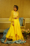 Yellow Beaded Top with Layered Skirt & Embroidered Organza Jacket.