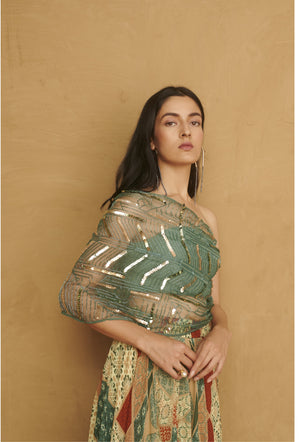 Slate Green Beaded Organza Top With Skirt Set