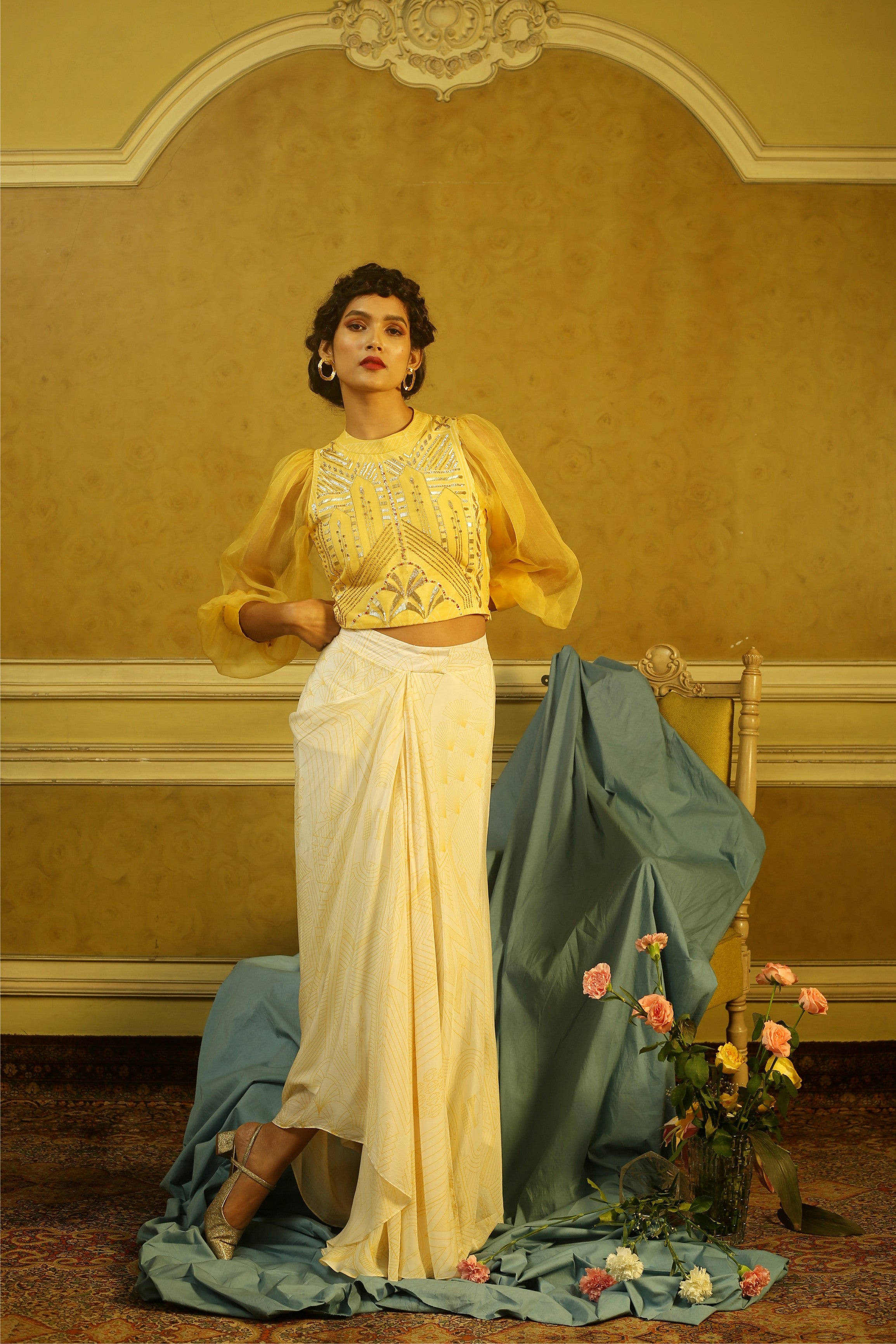 Yellow Embroidered Puff Sleeves Top & Off-White Drape Skirt
