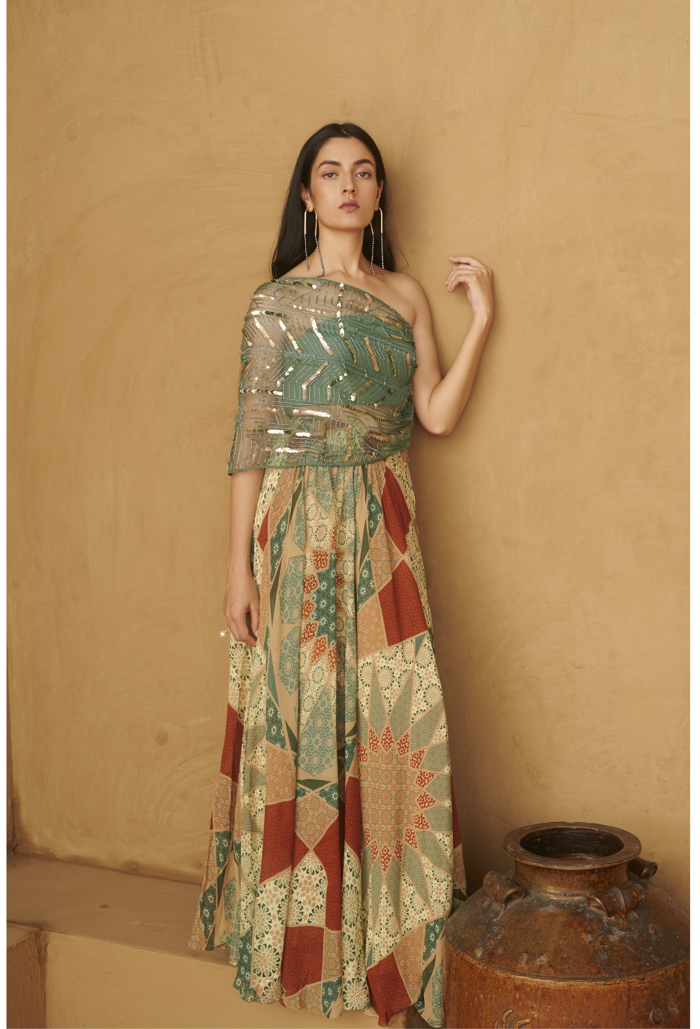 Slate Green Beaded Organza Top With Skirt Set
