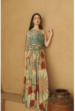 Slate Green Beaded Organza Top With Skirt Set