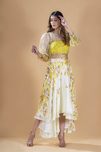 Yellow calligraphy print organza top with printed skirt set.