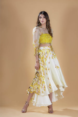 Yellow calligraphy print organza top with printed skirt set.