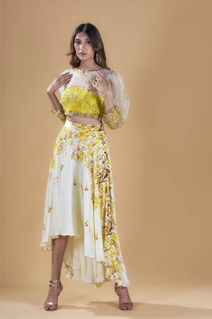 Yellow calligraphy print organza top with printed skirt set.