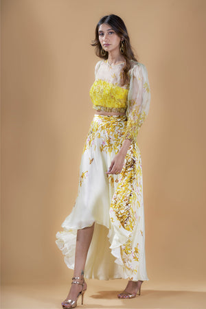 Yellow calligraphy print organza top with printed skirt set.