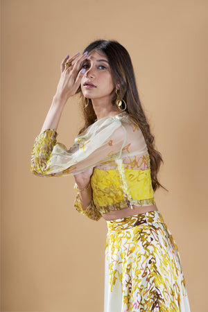 Yellow calligraphy print organza top with printed skirt set.