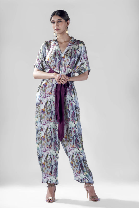 Aqua bird print knotted jumpsuit