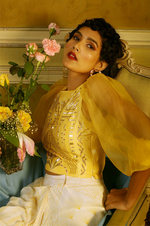 Yellow Embroidered Puff Sleeves Top & Off-White Drape Skirt