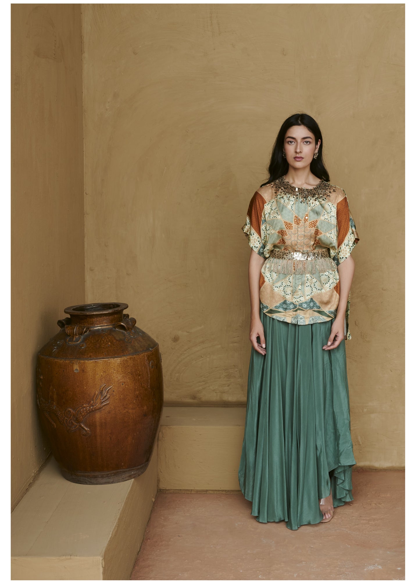 Teal Marrakech print beaded belted cape & pant set