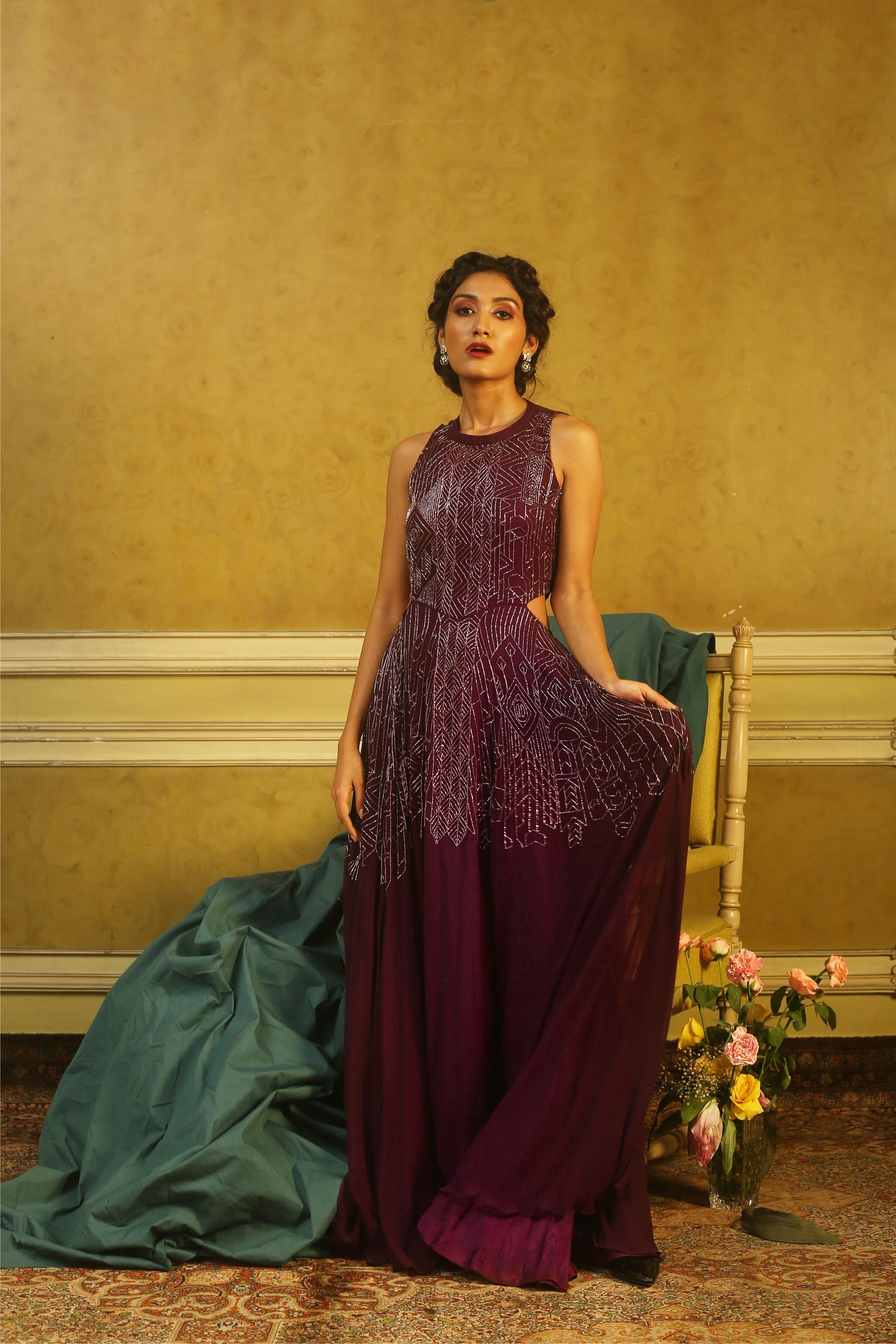 Aubergine Beaded Cut-Out Gown