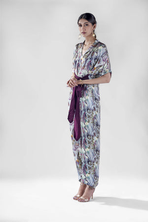 Aqua bird print knotted jumpsuit