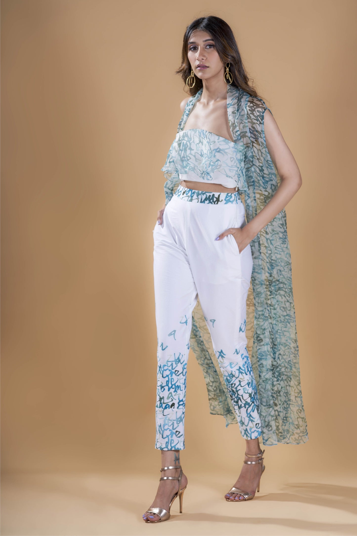 Teal calligraphy print bustier & pant with organza jacket set