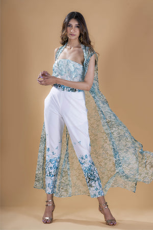 Teal calligraphy print bustier & pant with organza jacket set