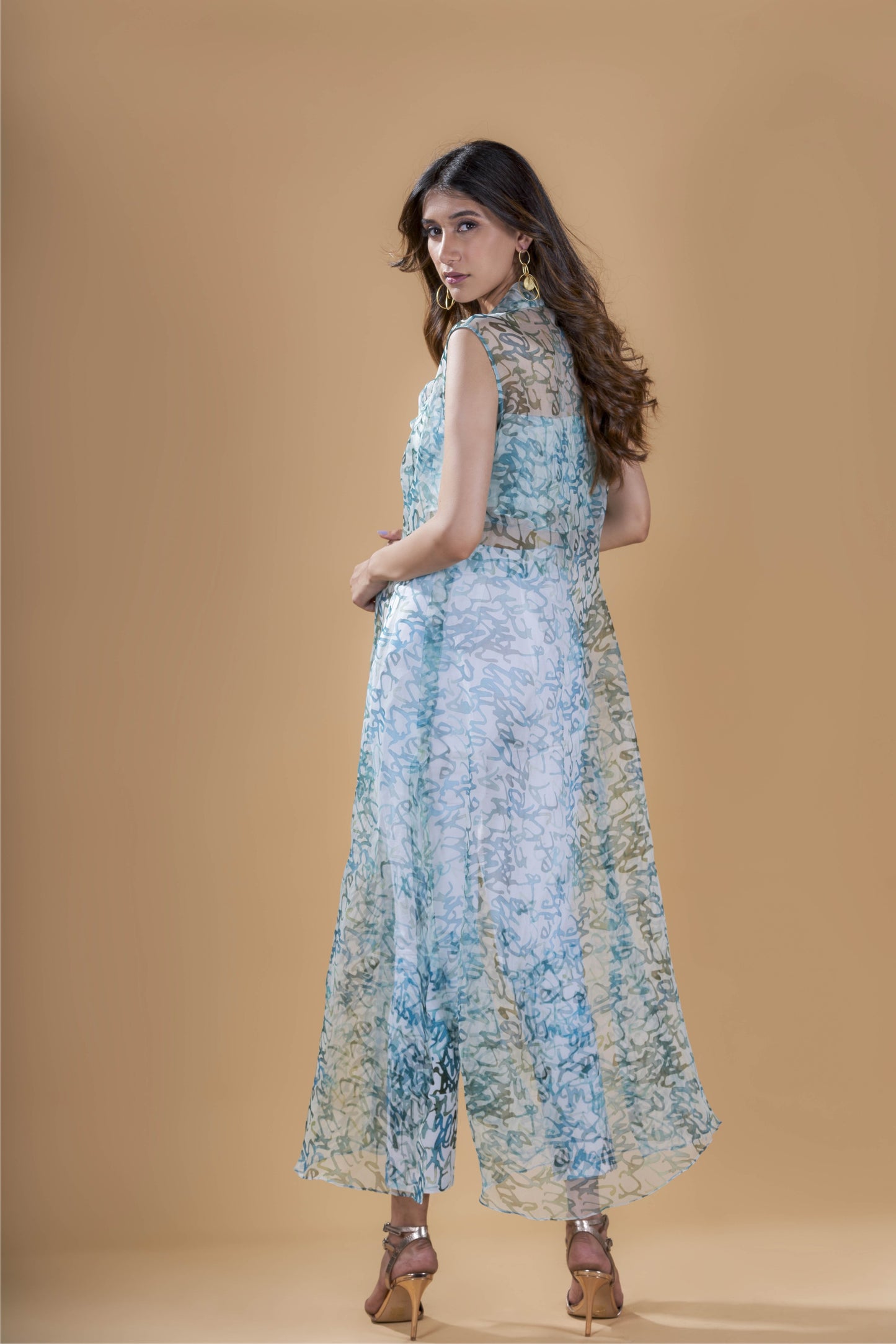 Teal calligraphy print bustier & pant with organza jacket set