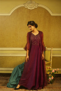 Aubergine Beaded Gown with Scallop Embroidered Organza Jacket