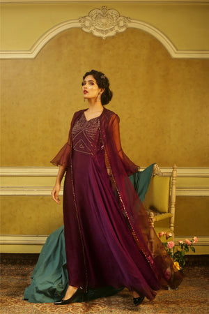 Aubergine Beaded Gown with Scallop Embroidered Organza Jacket