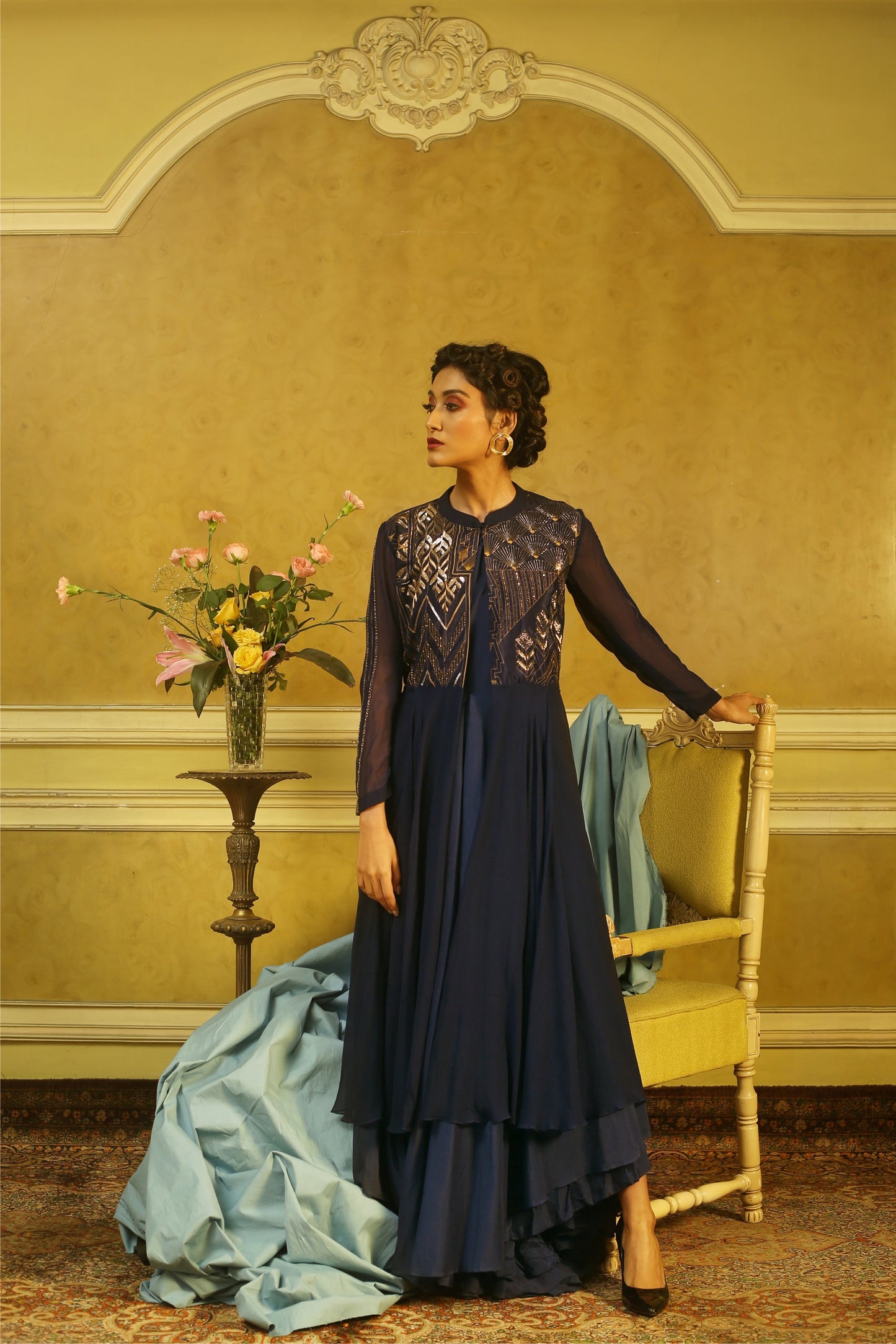 Navy Beaded Jacket With Flared Jumpsuit