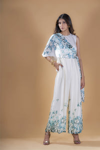 Teal calligraphy wrap jumpsuit.