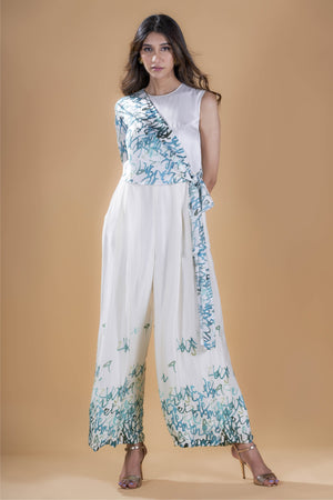 Teal calligraphy wrap jumpsuit.