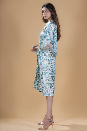 Teal calligraphy print tie-up shirt dress.