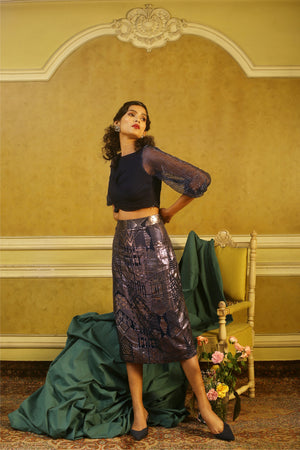 Navy Twist Organza Sleeves Top & Printed Pencil Skirt