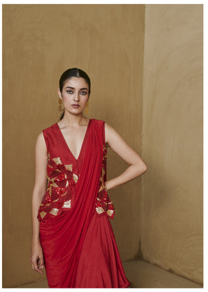 Red Beaded Star Cutwork Jacket with Saree Set