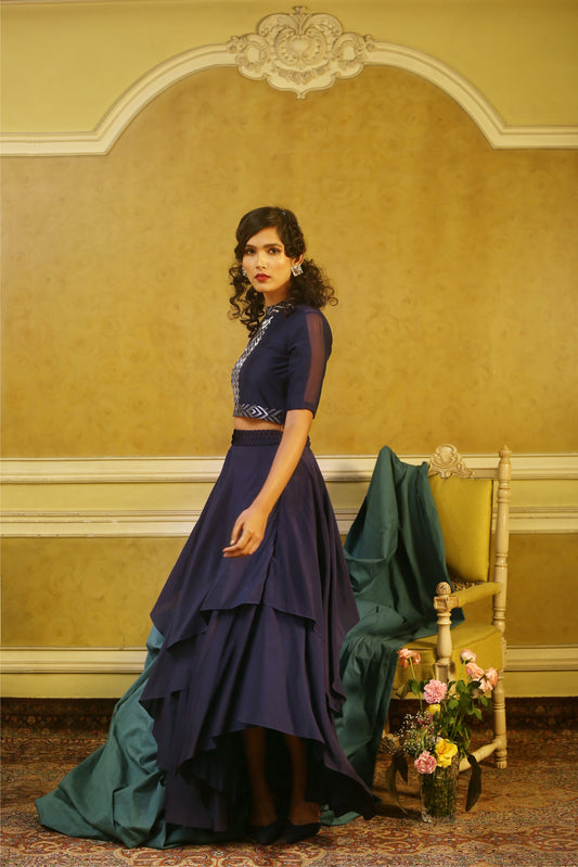Navy Embroidered Sheer Shoulder Top & Origami Layered Skirt