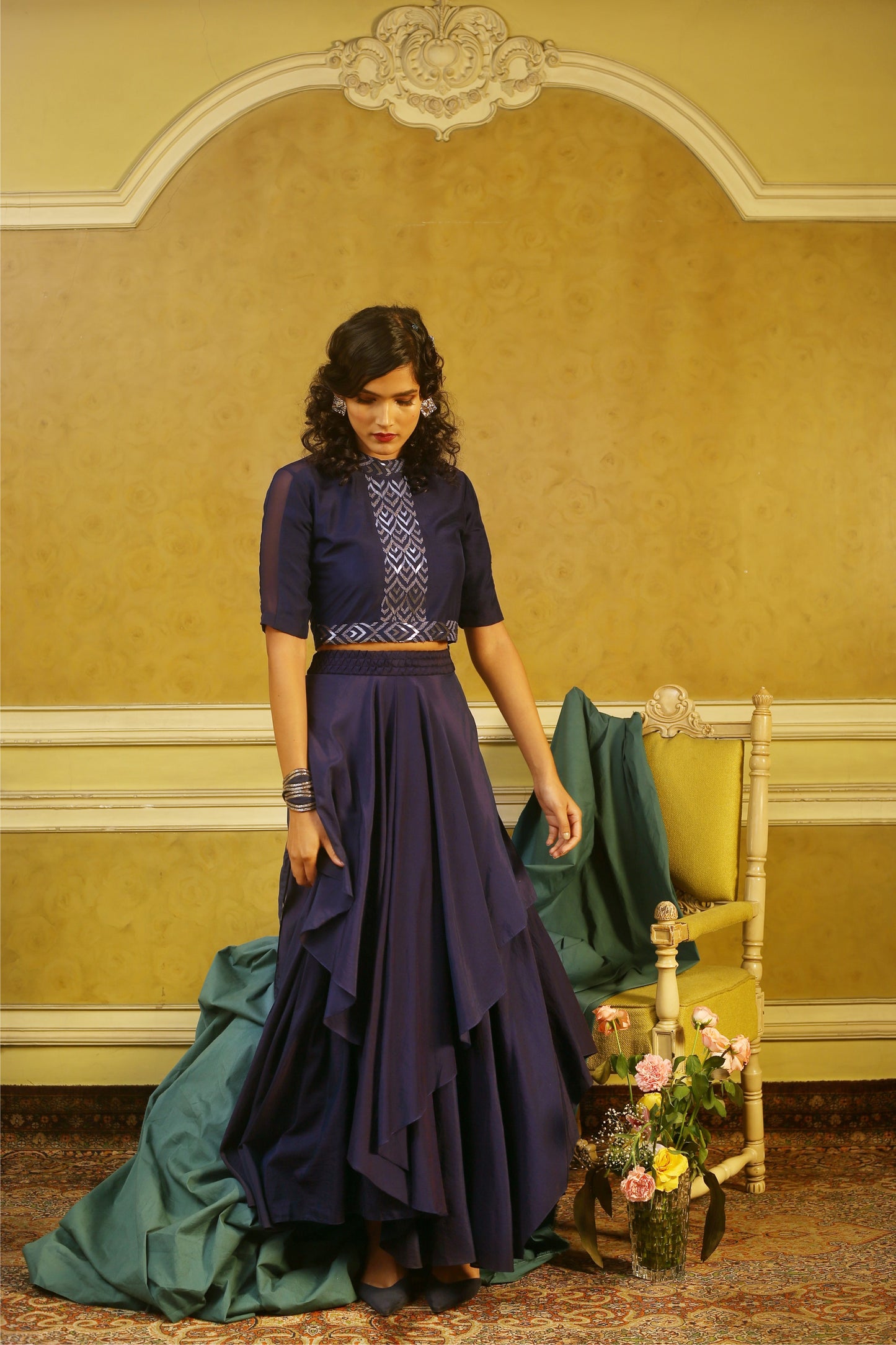 Navy Embroidered Sheer Shoulder Top & Origami Layered Skirt