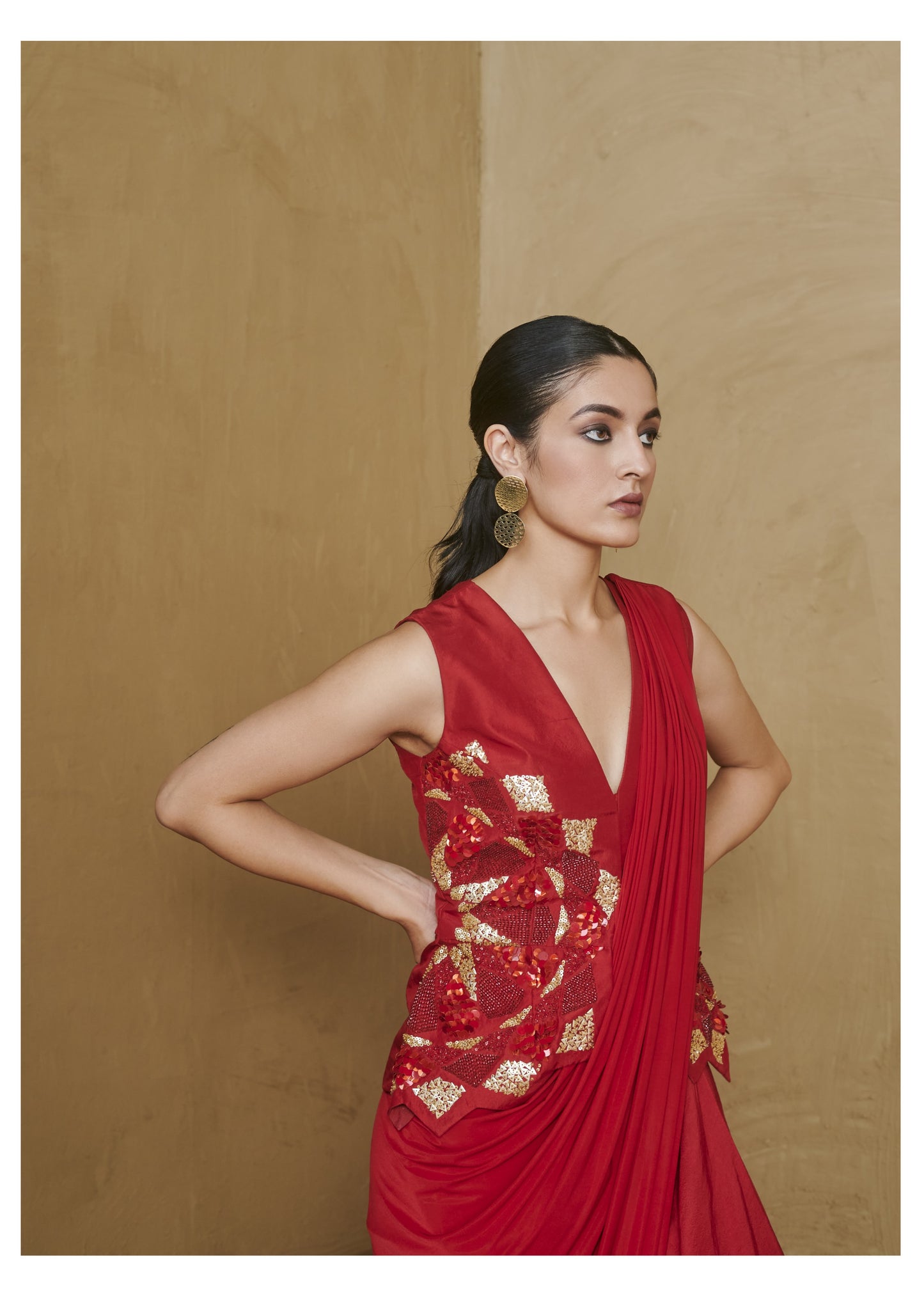 Red Beaded Star Cutwork Jacket with Saree Set
